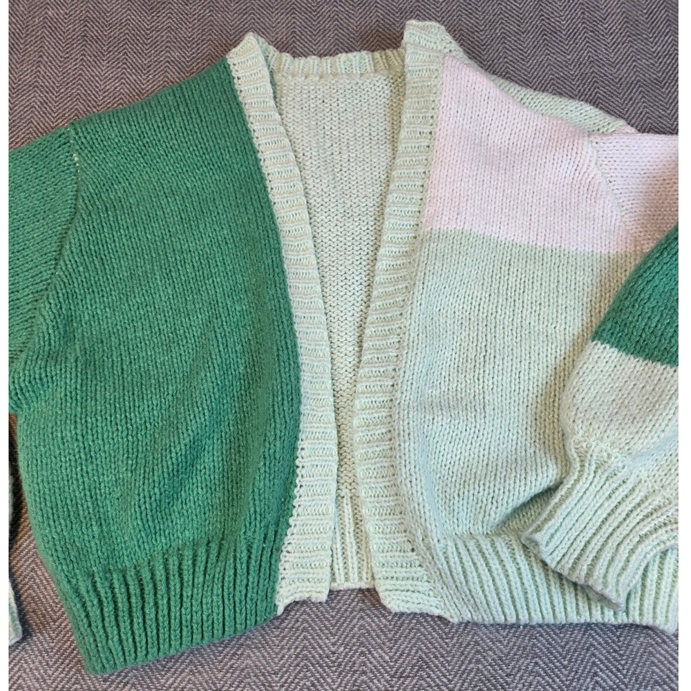 SHEIN Womens Green Colorblock Chunky Knit Cardigan Balloon Sleeve Sweater Size M - Picture 2 of 10